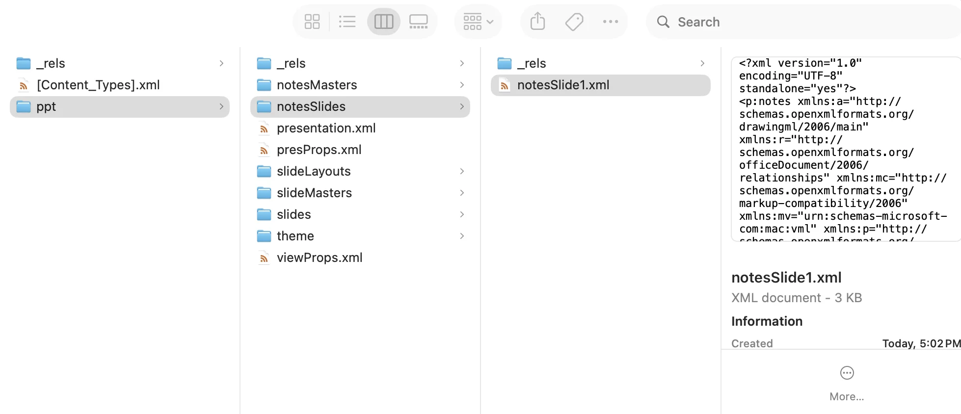 PowerPoint file structure showing XML files